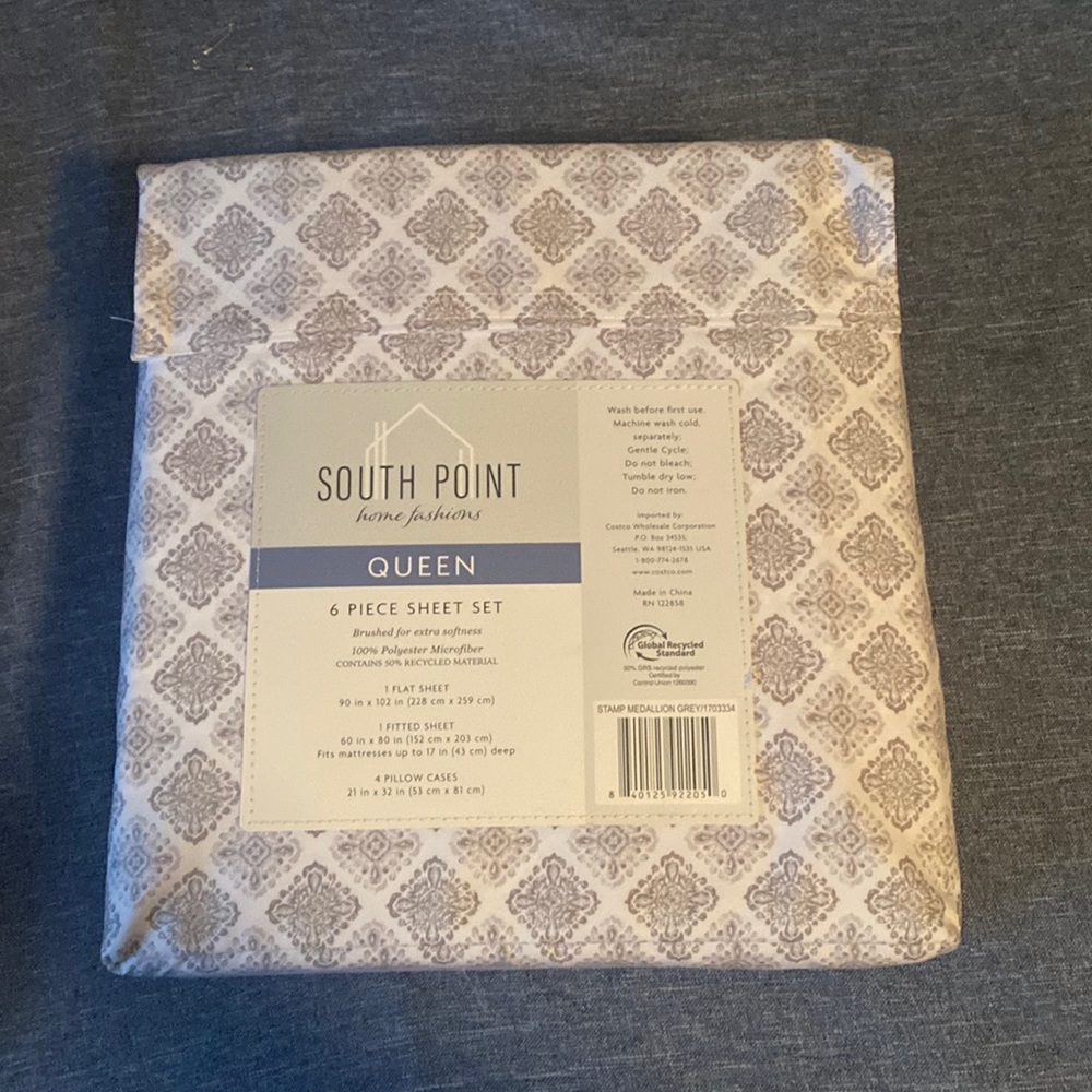 Queen sheet set South point stamp medallion grey brushed microfiber ! NWT